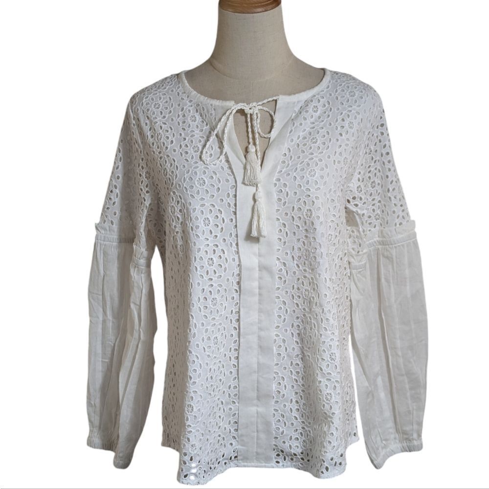 Rungolee White Long Sleeve Eyelet Cottagecore Boho Blouse